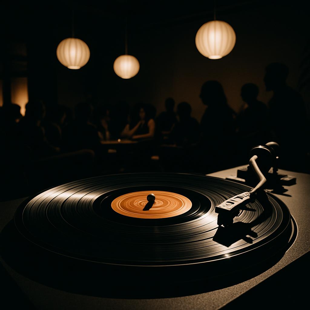 A darkened room with a record player in the foreground and a group of people in the background illuminated by three lanterns.