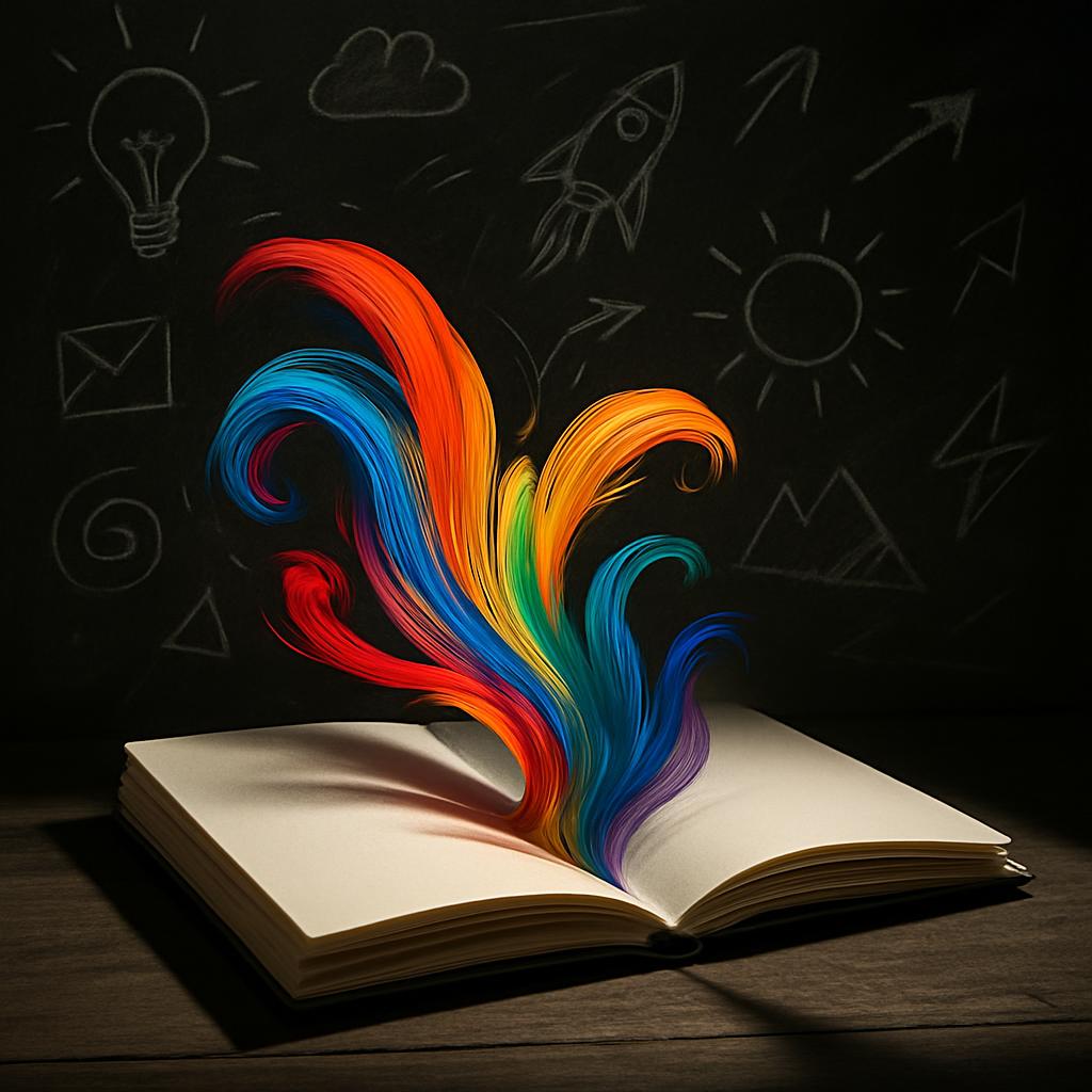 A book with colorful feathers emerging from it, with a black background featuring various symbols such as a lightbulb, roc...
