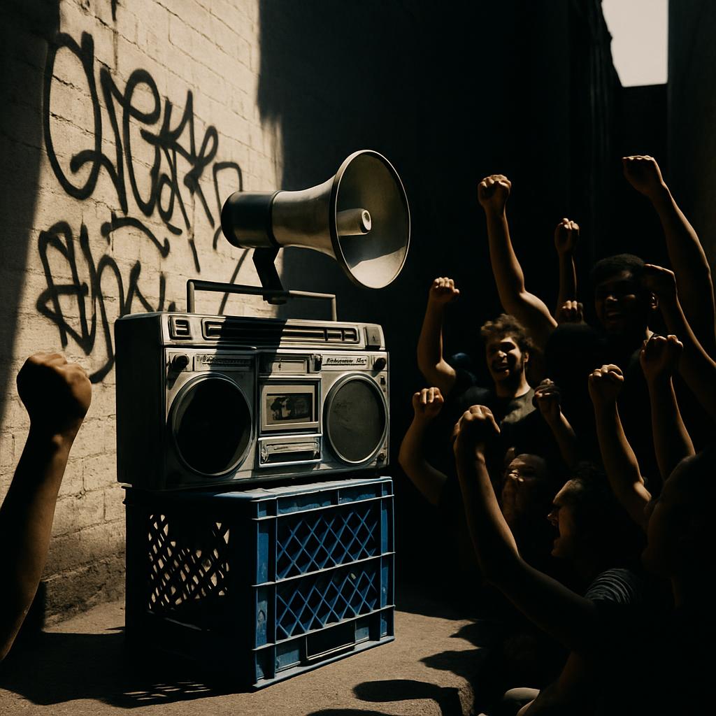 A group of people from diverse ethnic backgrounds, congregating around a large boom box and a loudspeaker, set against a b...