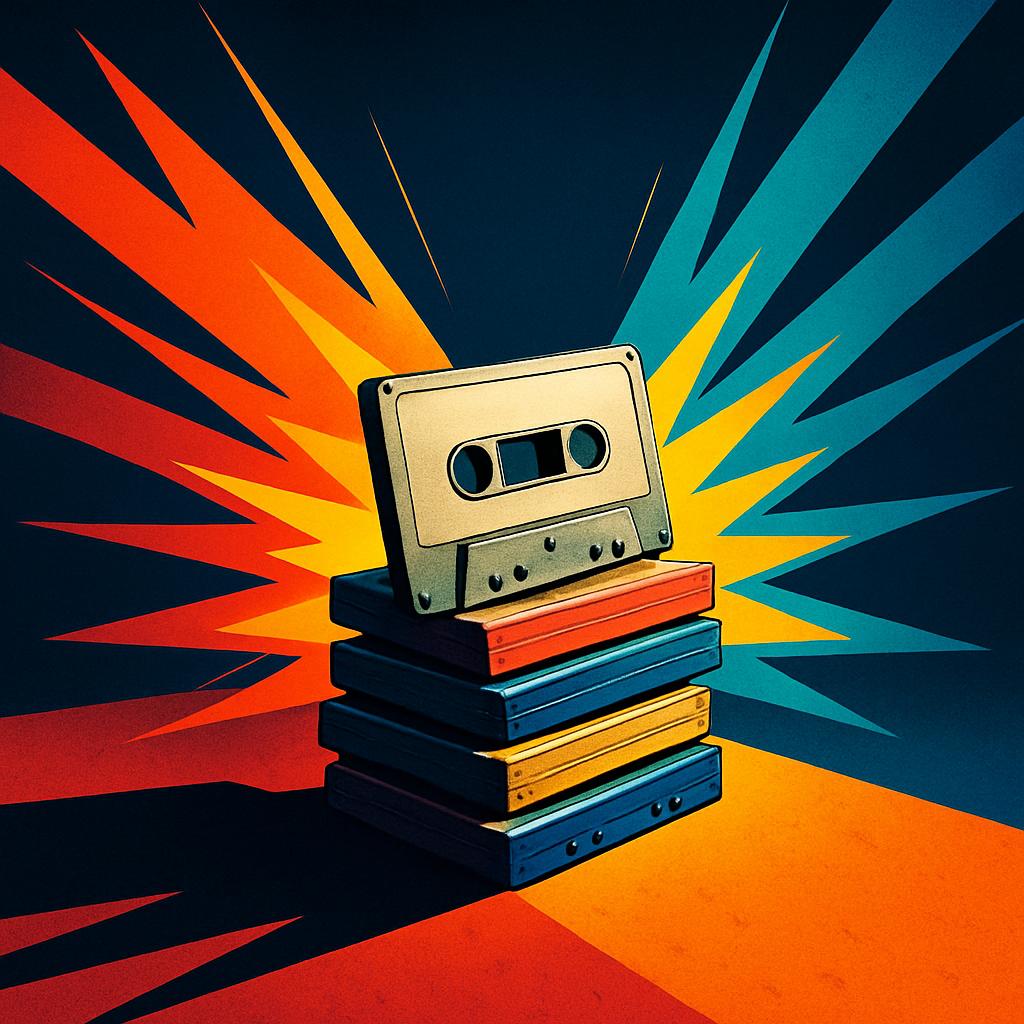 An illustration of a stack of cassette tapes, accompanied by an explosion of red, orange, and blue colors in the background.