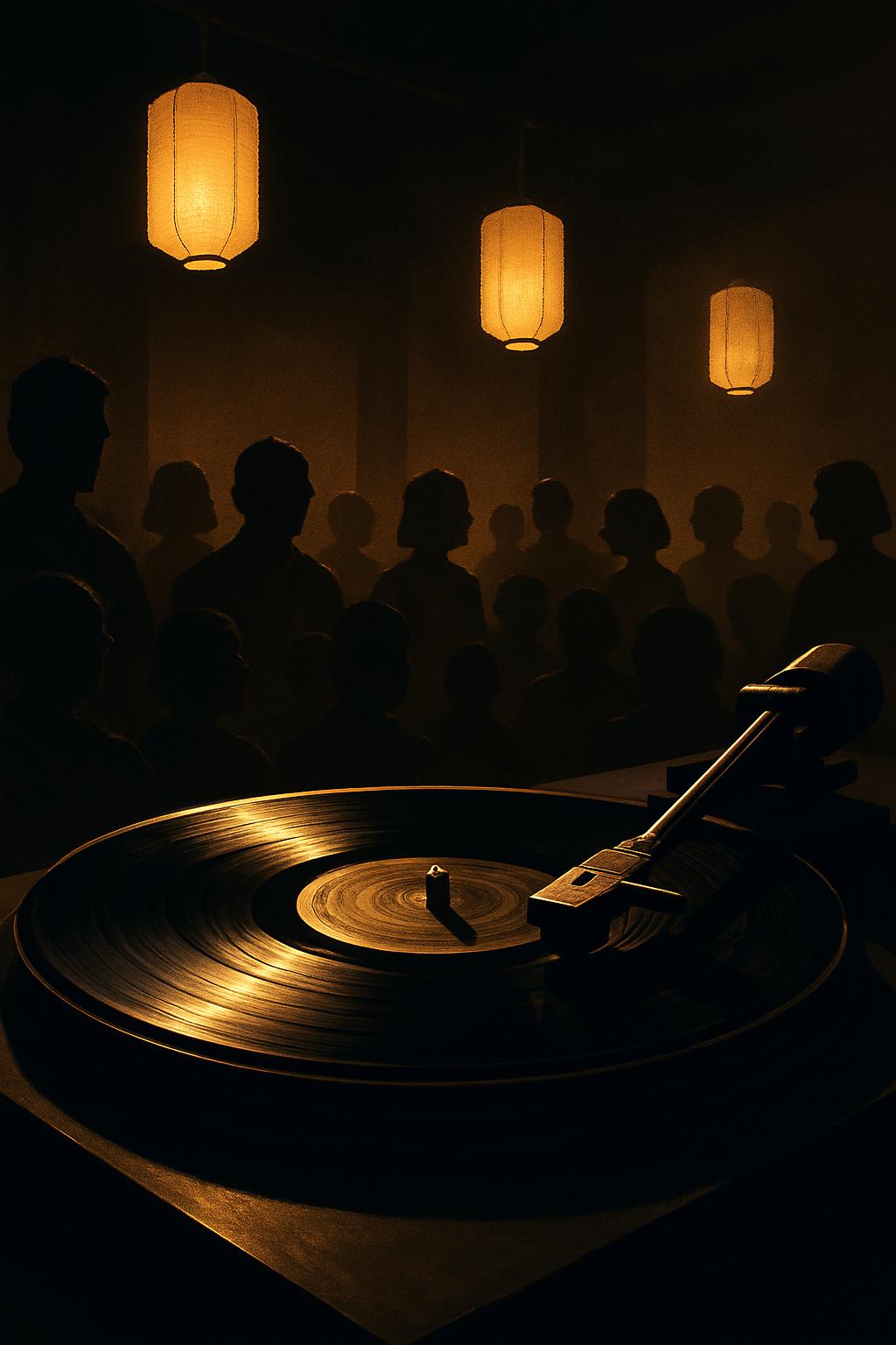 A dimly lit room with a turntable and people silhouetted against the wall in the background.