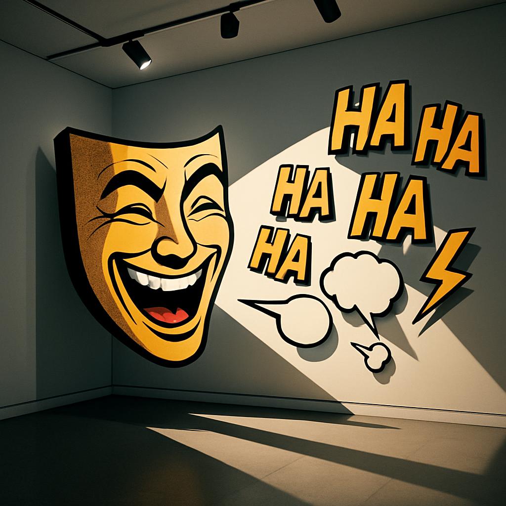 A darkened art gallery corner, featuring a distinctive yellow wall decal: a stylized theatrical mask with a wide smile.